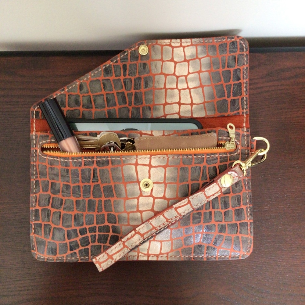 Handmade Orange & Taupe Croc Print Leather Clutch, Detach Strap, Gold Hardware